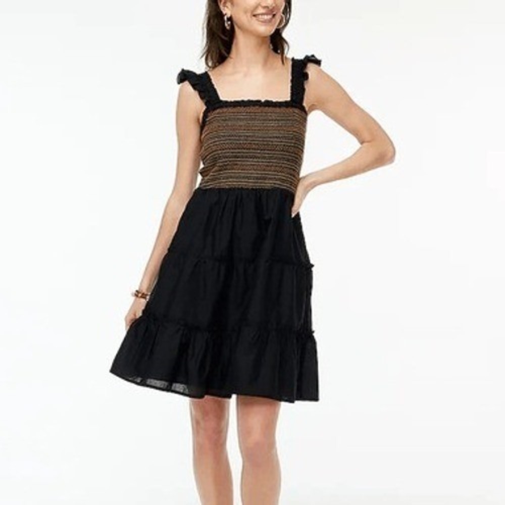 J.Crew Smocked Embroidered Tiered Dress Womens M Black Mini Sleeveless‎ Spring